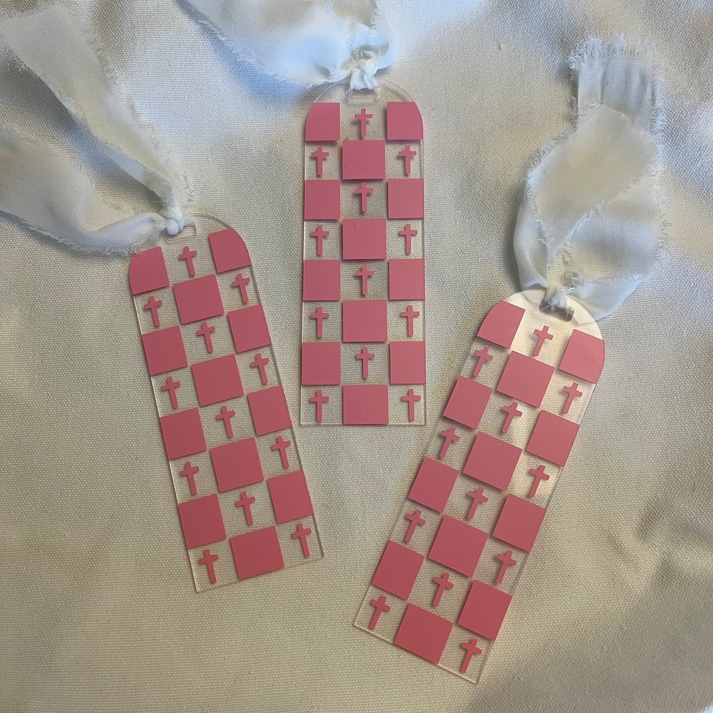 Pink Checkered Cross Acrylic Bookmarks