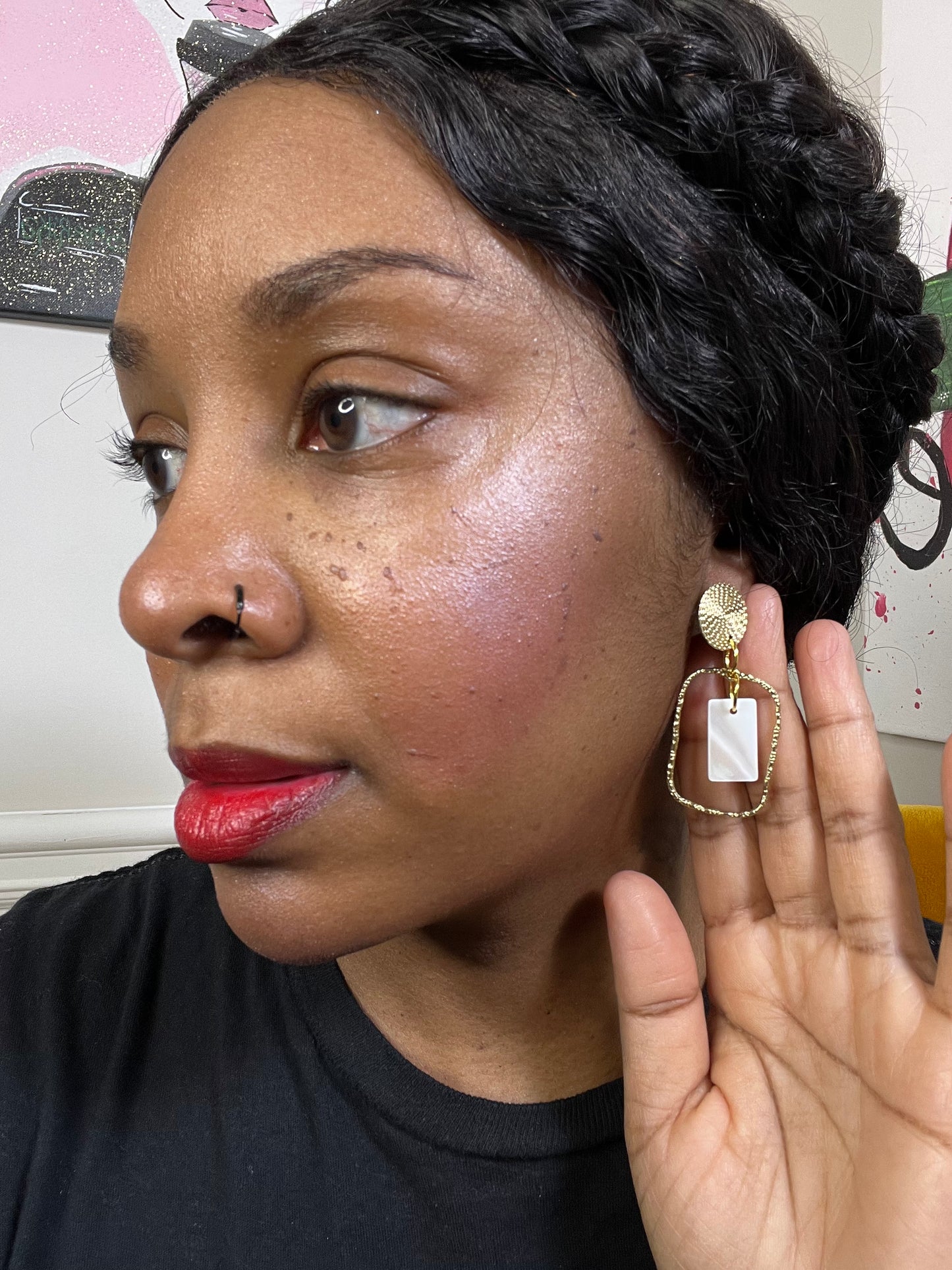 Gold and White Pendant Earrings