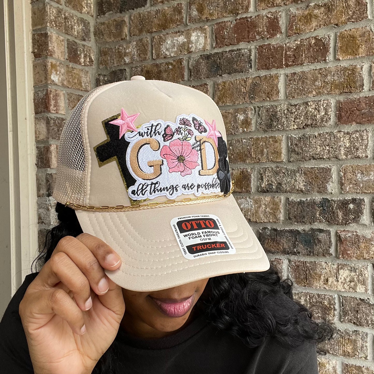 Tan Trucker Hat-“With God All Things Are Possible”