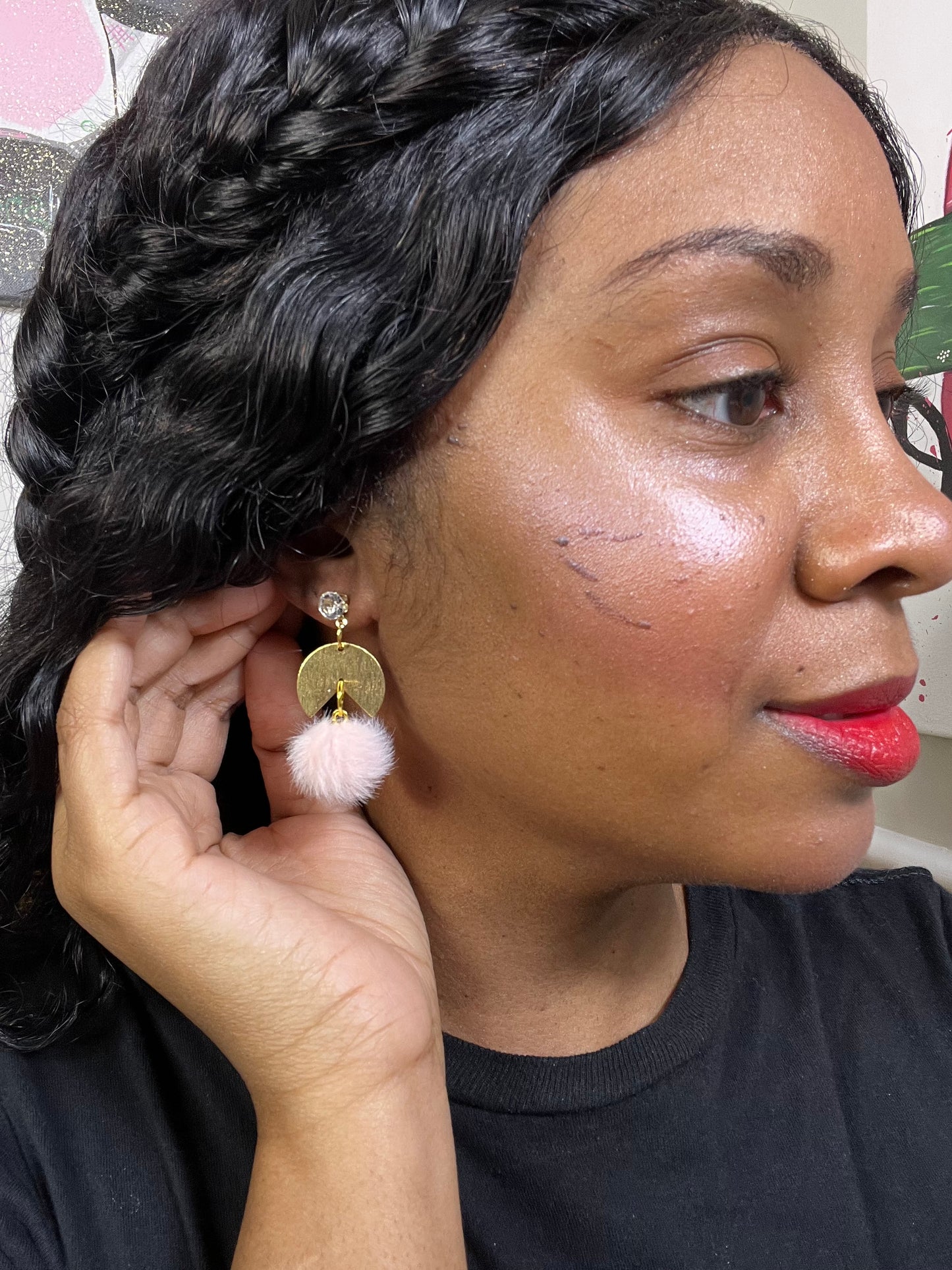 Gold and Pink Pom Pom Earrings