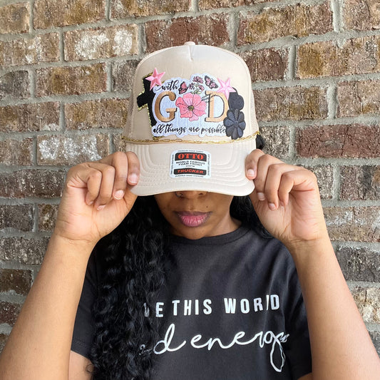 Tan Trucker Hat-“With God All Things Are Possible”