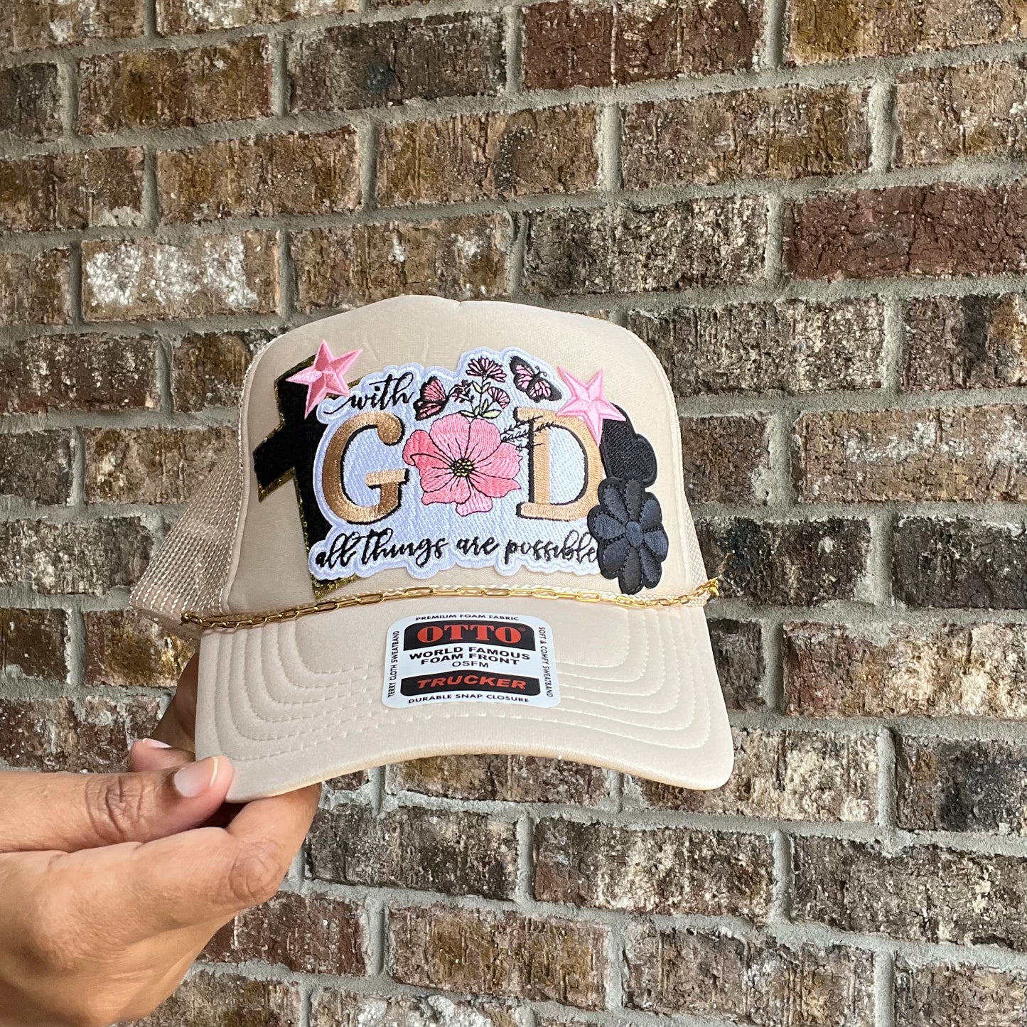 Tan Trucker Hat-“With God All Things Are Possible”