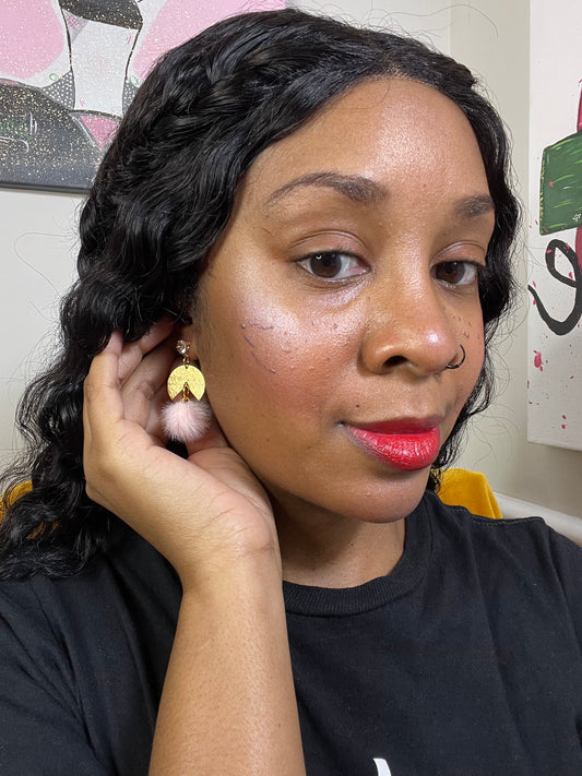 Gold and Pink Pom Pom Earrings