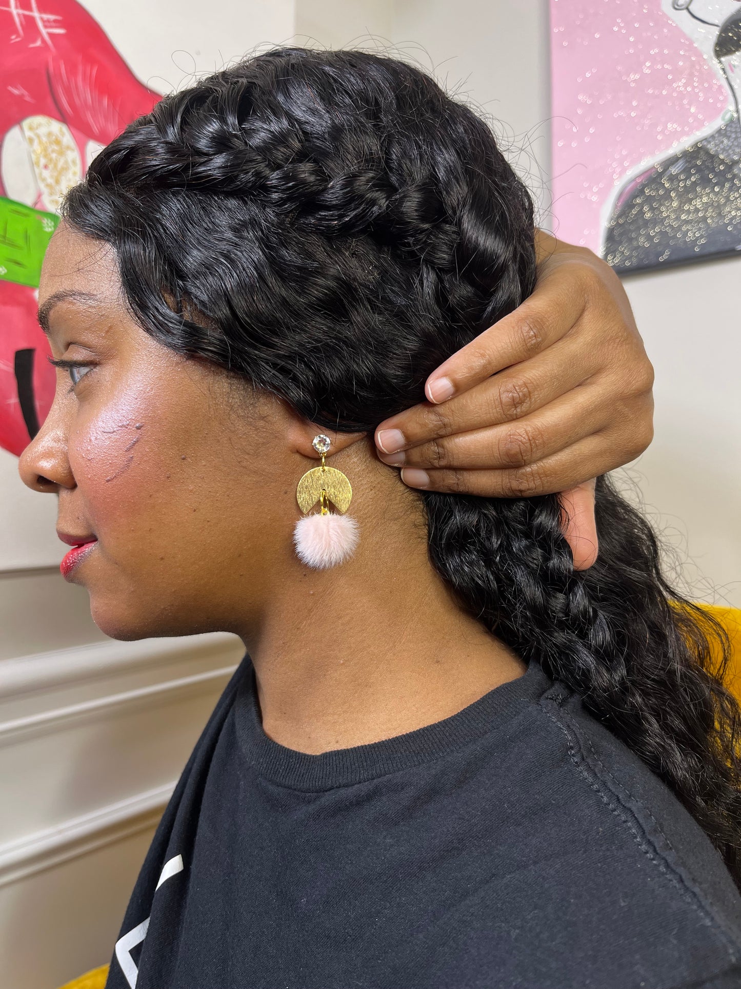 Gold and Pink Pom Pom Earrings