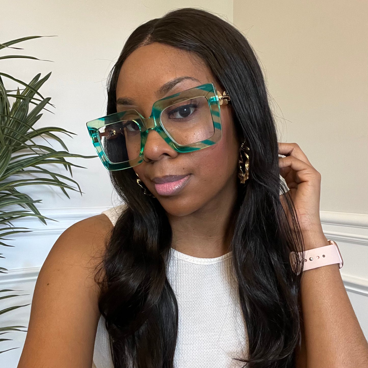Green Retro Geometric Square Glasses