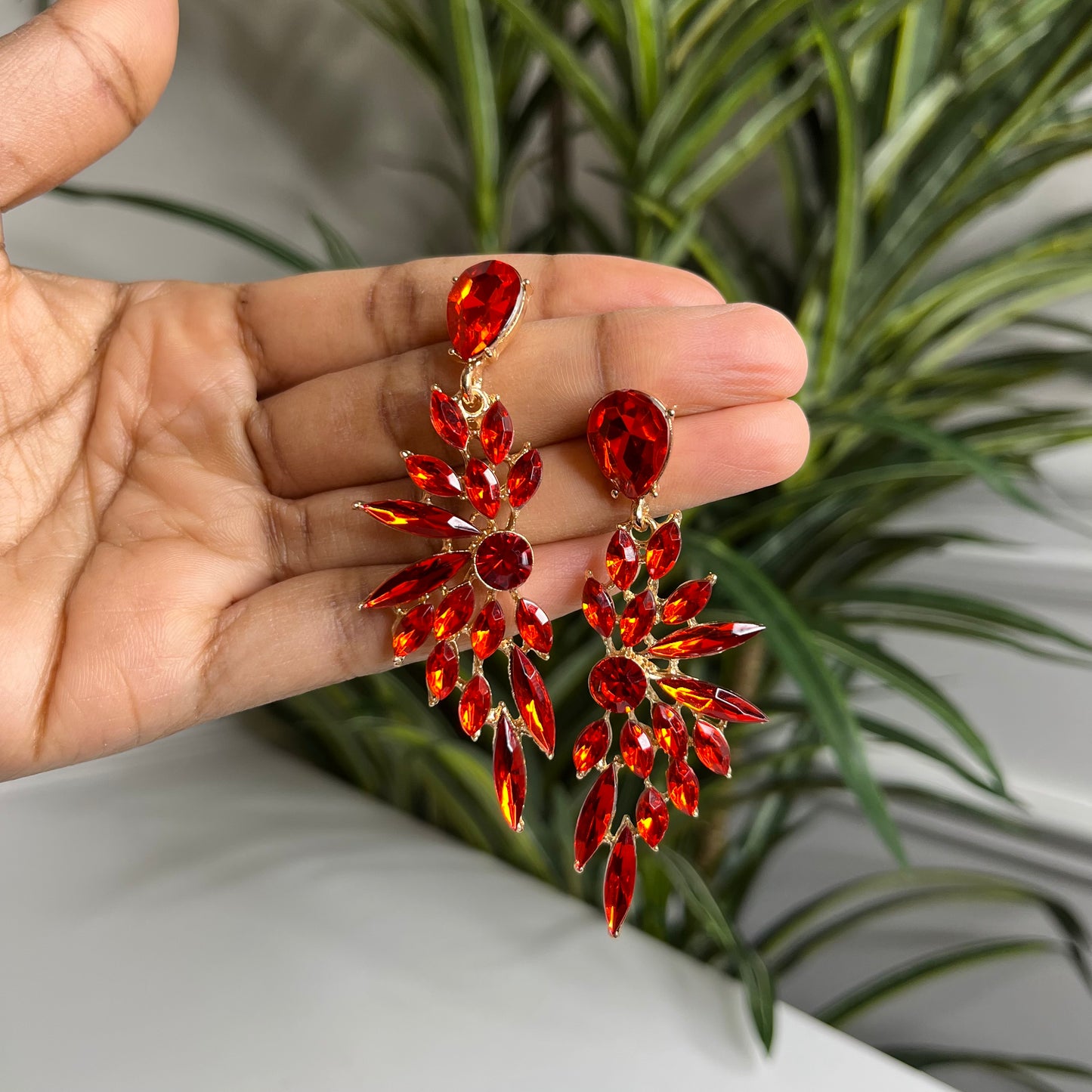 Red Rhinestone Geometric Drop Earrings
